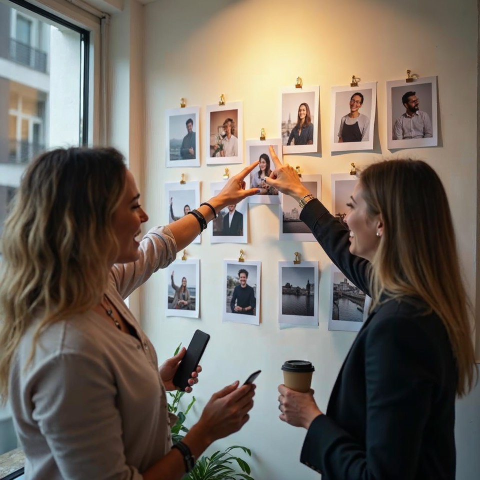 Zwei Menschen in einem kleinen Agenturbüro zeigen lachend auf Fotos und Karten an der Wand