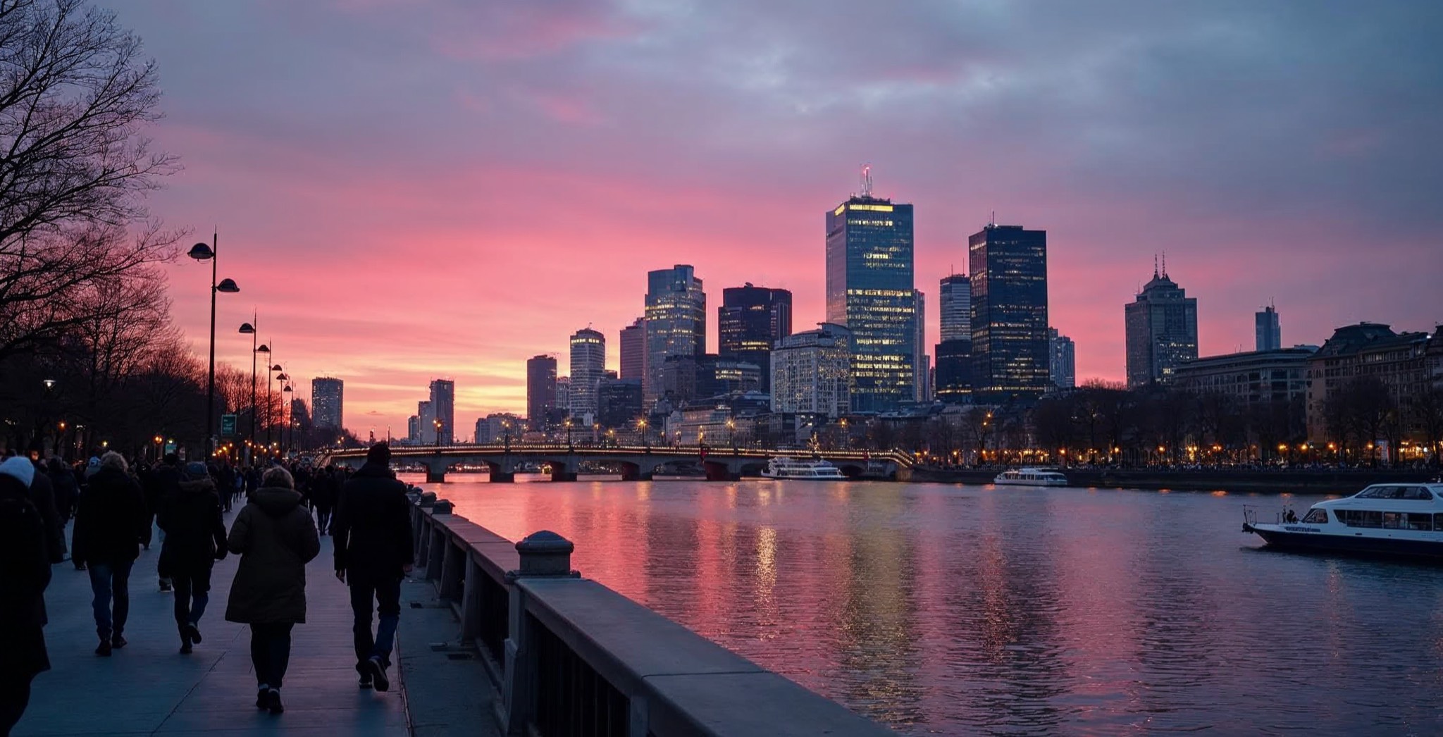 Frankfurter Skyline in der Abenddämmerung vom Mainufer aus, Spaziergänger im Vordergrund
