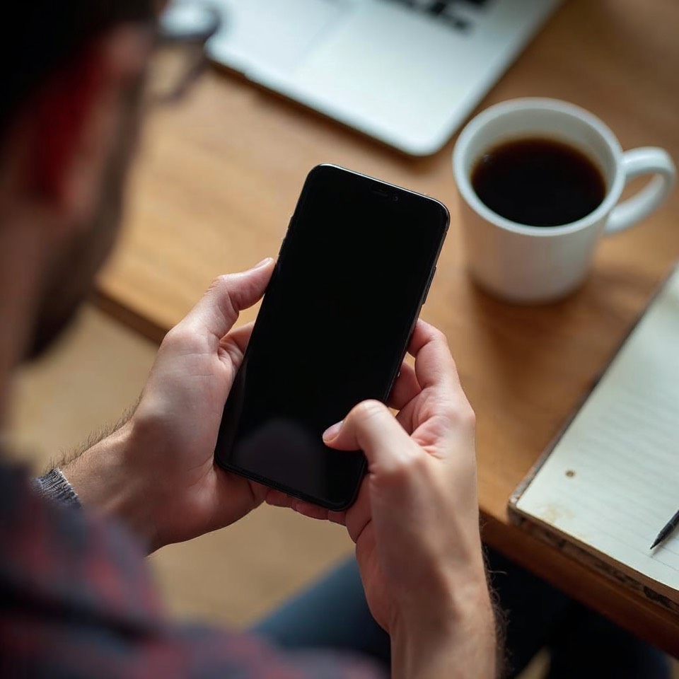 Hände halten ein Smartphone über einem Holztisch mit Kaffee und Notizbuch im Morgenlicht