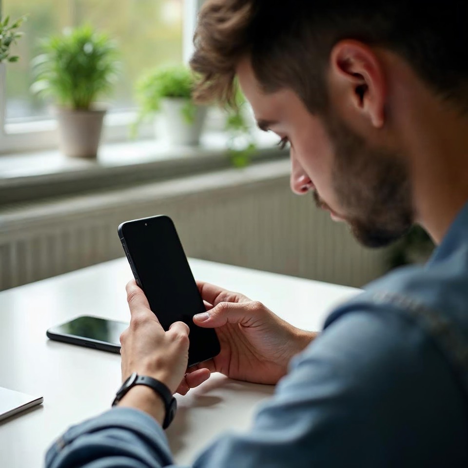 Junger Mann scrollt am hellen Schreibtisch auf einem Smartphone, ein zweites liegt umgedreht daneben