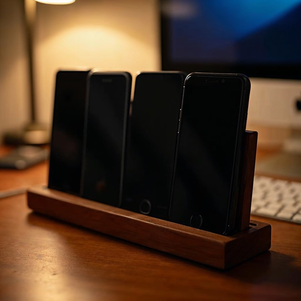 Vier Smartphones in einem Holzständer laden am Abend am Schreibtisch
