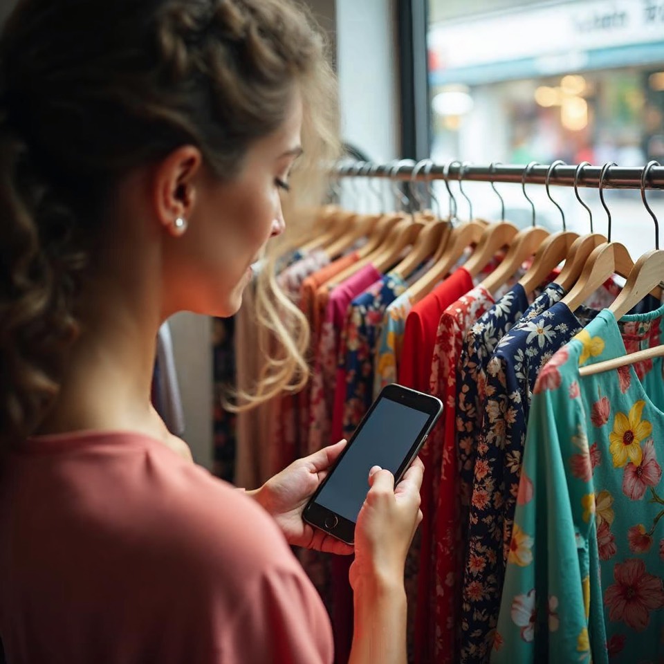 Boutique-Inhaberin ordnet bunte Kleider an einer Stange