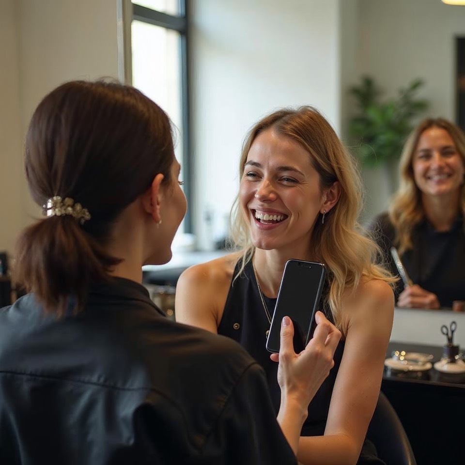 Friseurin lacht mit einer Kundin in einem hellen Salon