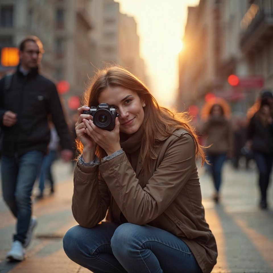 Fotografin hockt mit Kamera am Auge auf einer Straße im Abendlicht