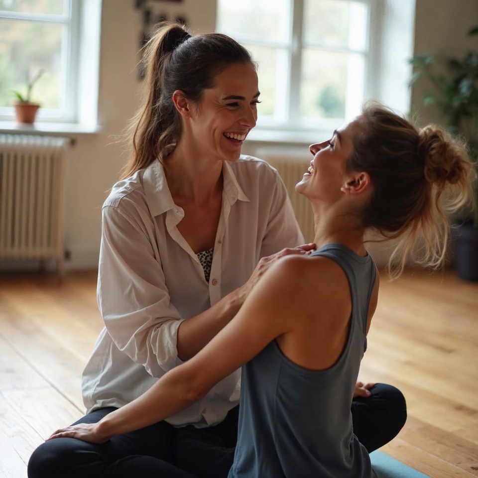 Yogalehrerin korrigiert lachend eine Schülerin im hellen Studio