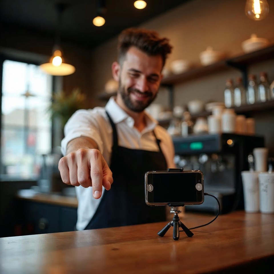 Barista zeigt stolz auf ein Smartphone auf einem kleinen Stativ hinter der Theke