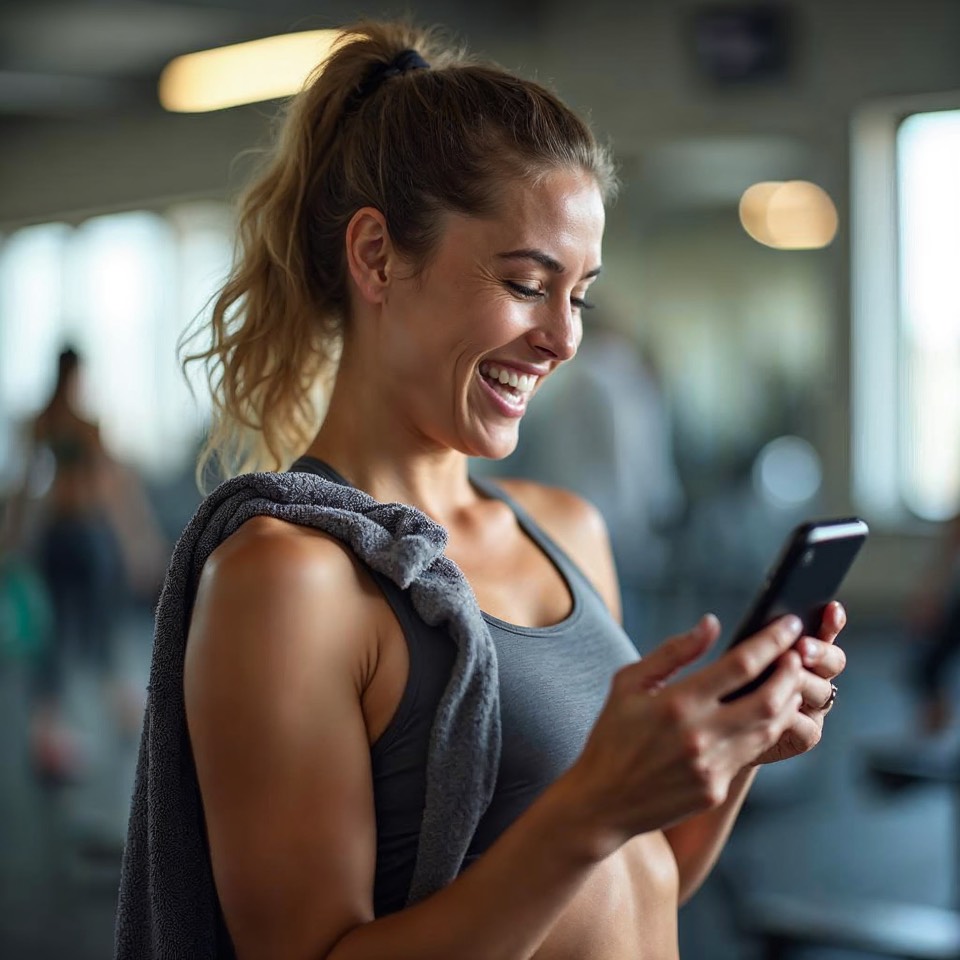 Sportlerin im Fitnessstudio lacht mit Handtuch über der Schulter