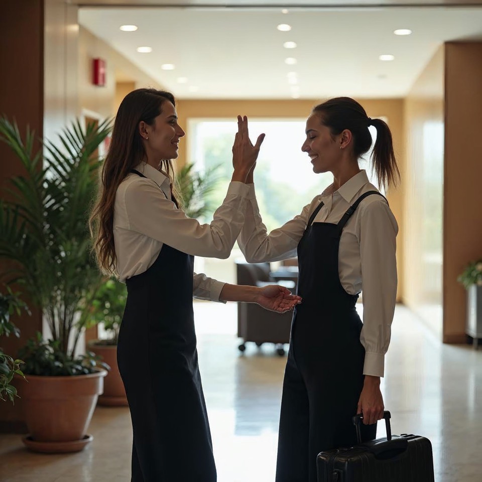 Zwei Mitarbeitende einer Hotelrezeption klatschen sich in einer hellen Lobby ab