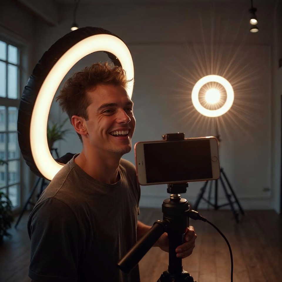 Junger Mann filmt in einem hellen Loft ein Tanzvideo mit Ringlicht