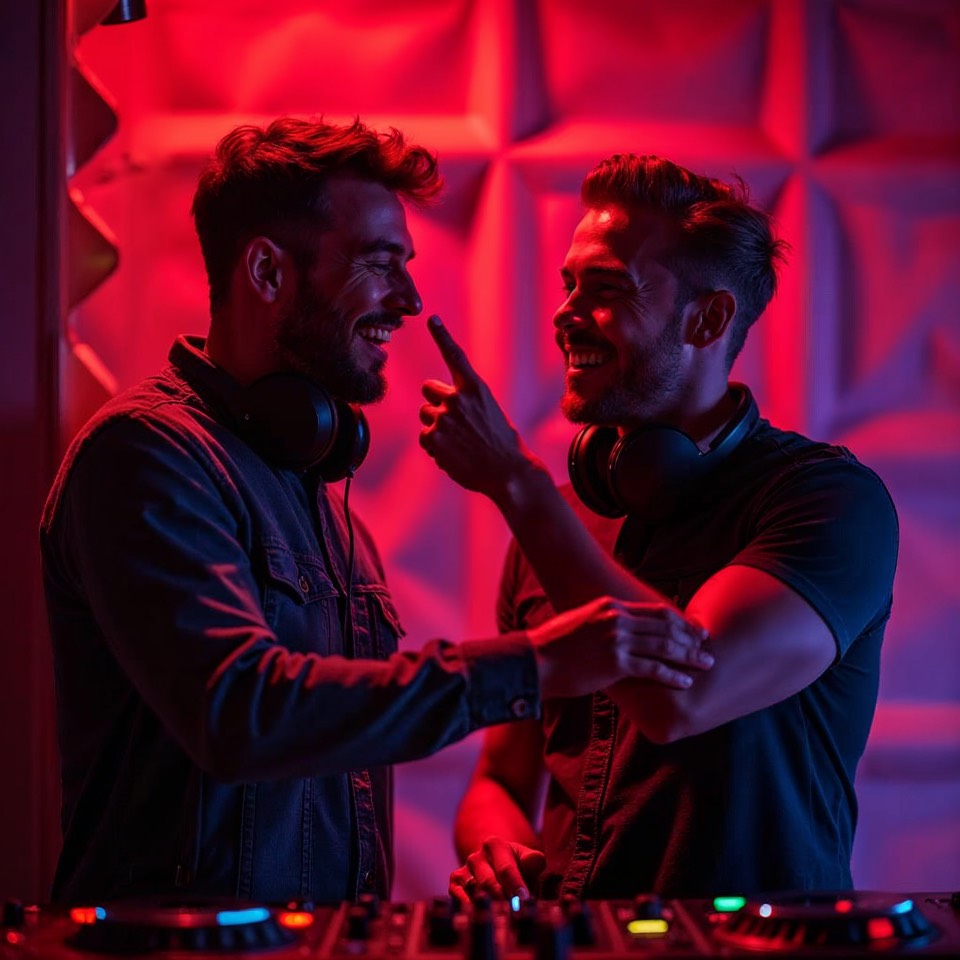 DJ-Duo im Studio mit Kopfhörern um den Hals lacht sich an