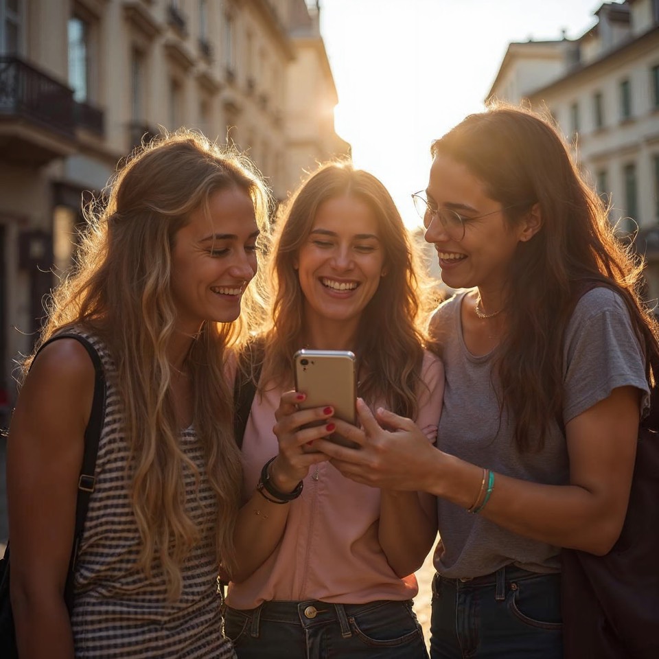 Drei Freundinnen auf einer sonnigen Straße lachen gemeinsam über ein Smartphone