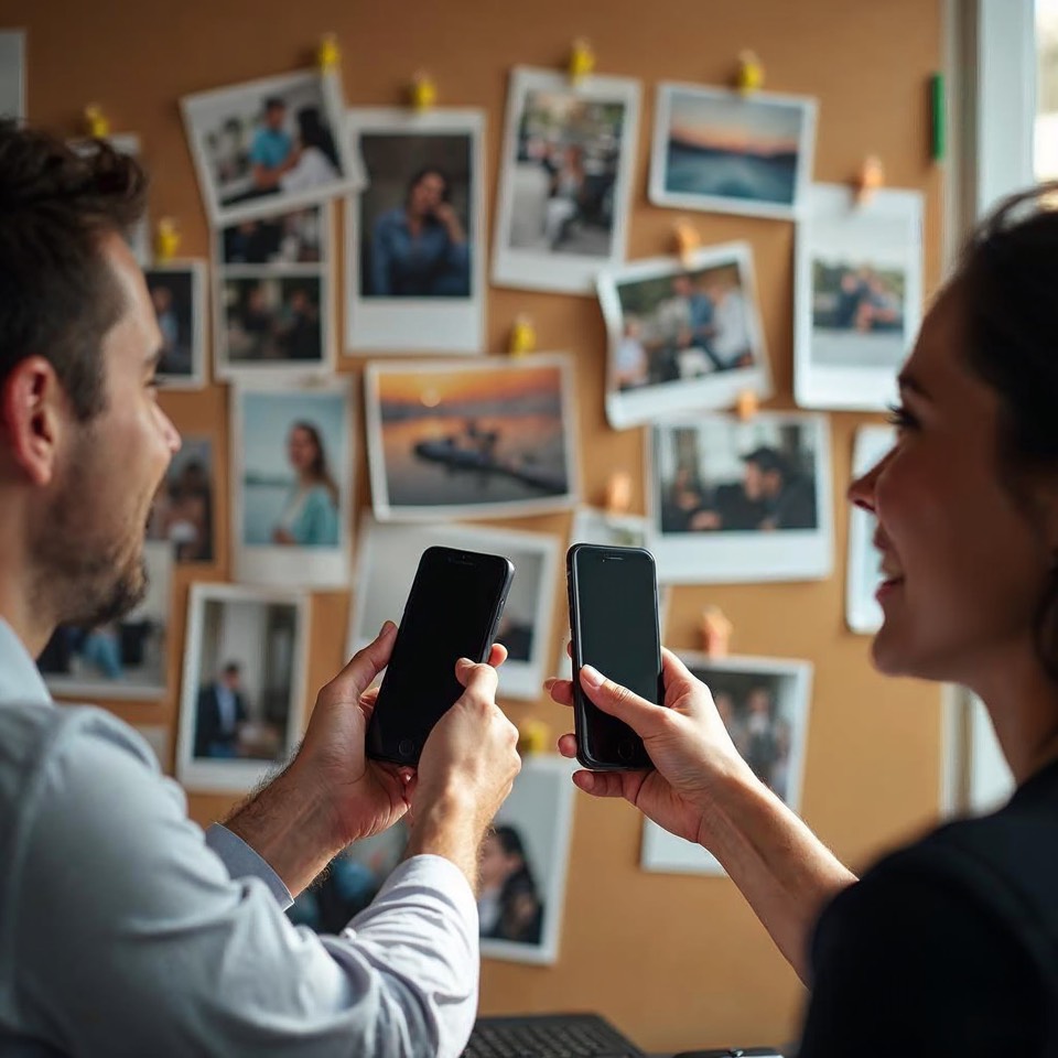 Zwei Kolleginnen zeigen lachend auf Fotos an einer Pinnwand