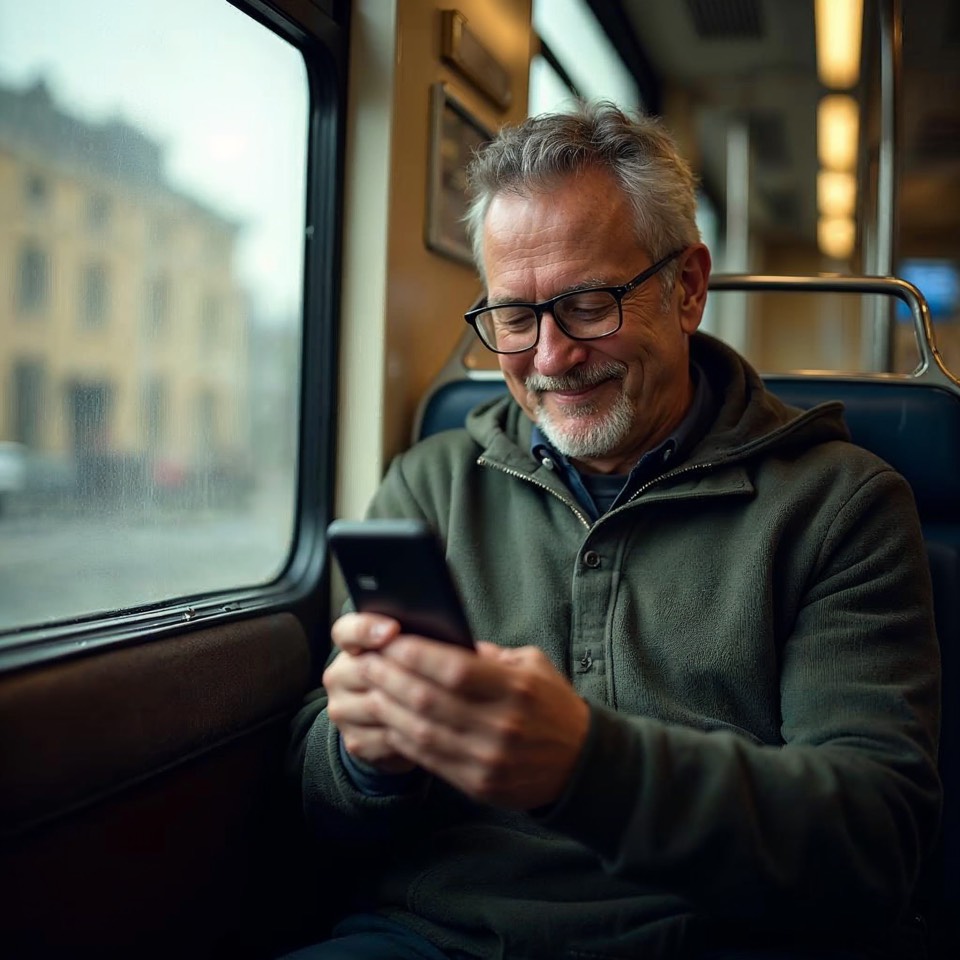 Mann in der Straßenbahn liest lächelnd auf seinem Handy
